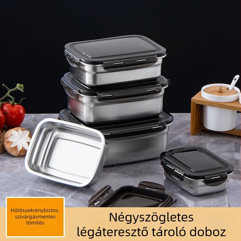 Rozsdamentes acél ebédes doboz, szigetelt, téglalap alakú, lezárható fedéllel, élelmiszer-minőségű