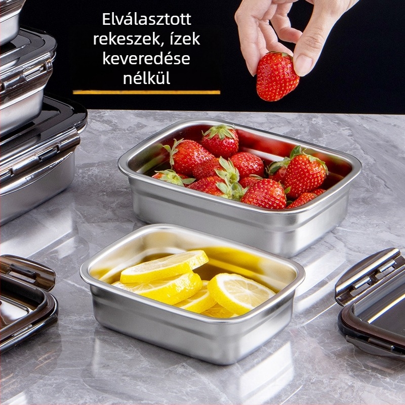 Rozsdamentes acél ebédes doboz, szigetelt, téglalap alakú, lezárható fedéllel, élelmiszer-minőségű