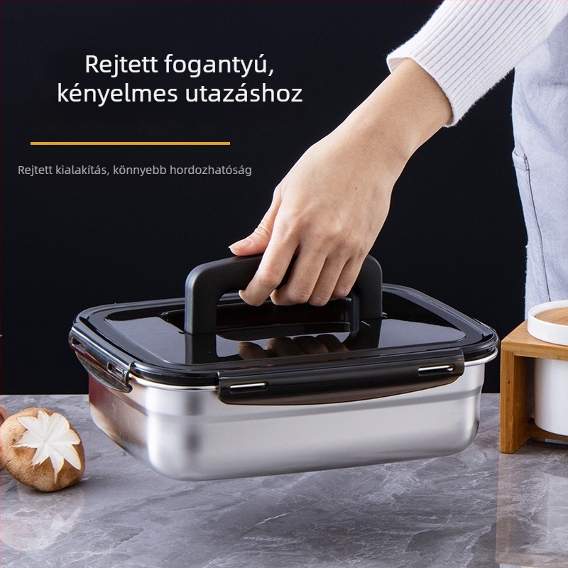 Rozsdamentes acél ebédes doboz, szigetelt, téglalap alakú, lezárható fedéllel, élelmiszer-minőségű
