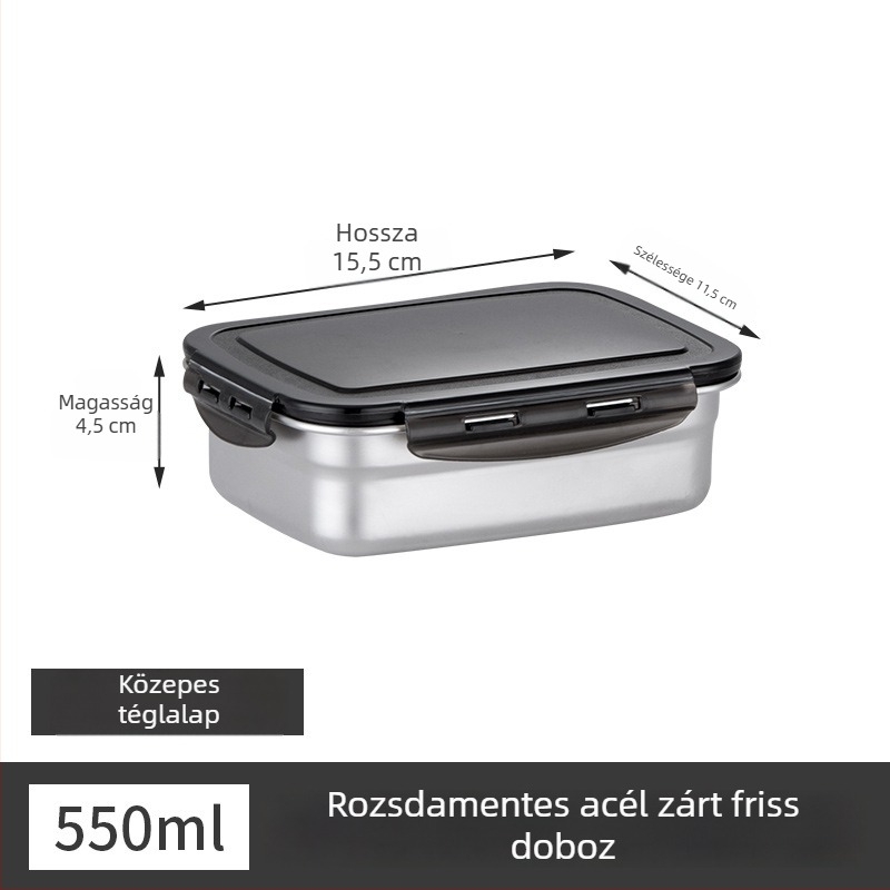 Rozsdamentes acél ebédes doboz, szigetelt, téglalap alakú, lezárható fedéllel, élelmiszer-minőségű
