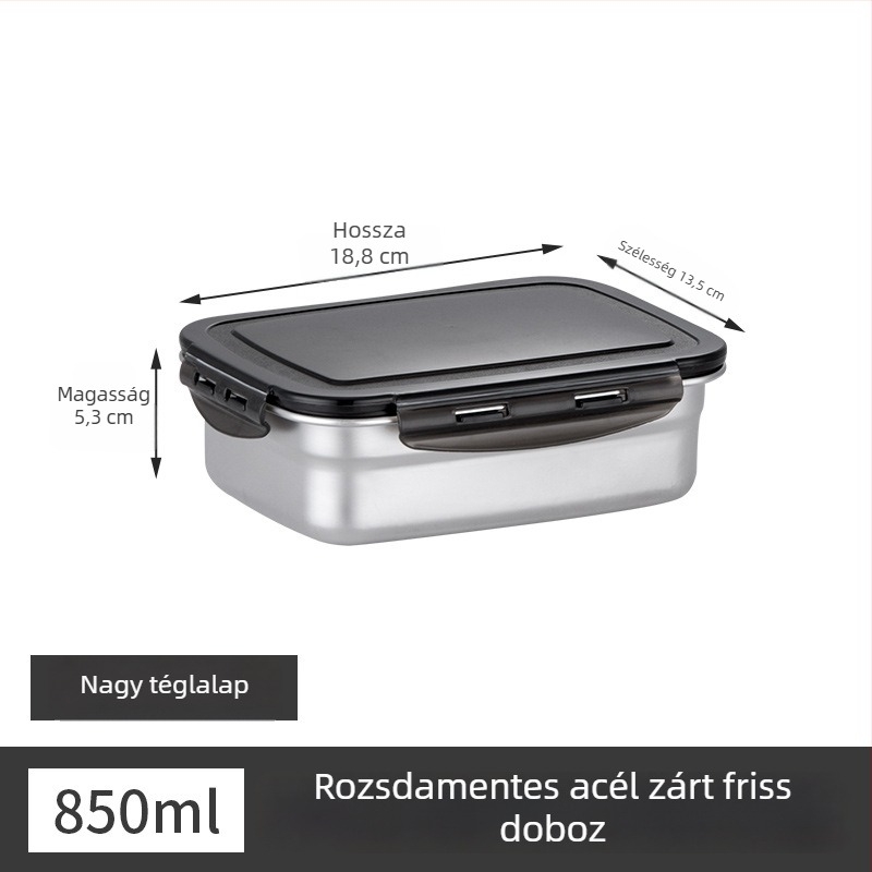 Rozsdamentes acél ebédes doboz, szigetelt, téglalap alakú, lezárható fedéllel, élelmiszer-minőségű