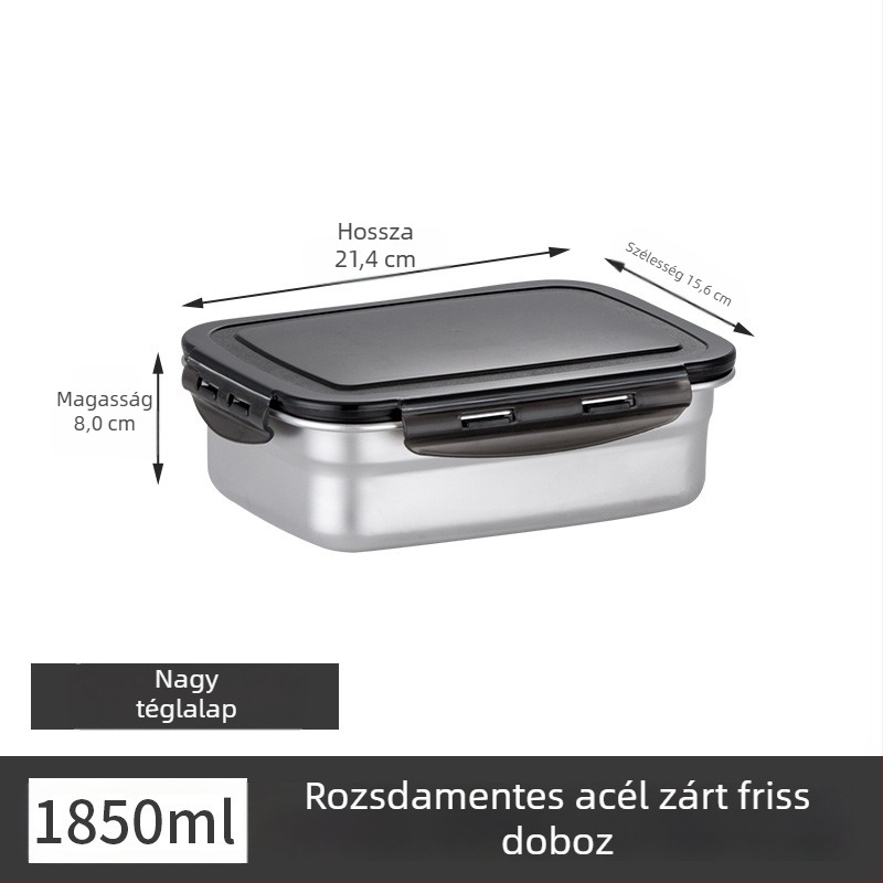 Rozsdamentes acél ebédes doboz, szigetelt, téglalap alakú, lezárható fedéllel, élelmiszer-minőségű