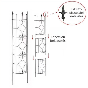 Félkörívű futókeret pillér lámpaoszloppal és ereszcsatorna-fedővel, fém virágtartó és virágszár-tartó keret