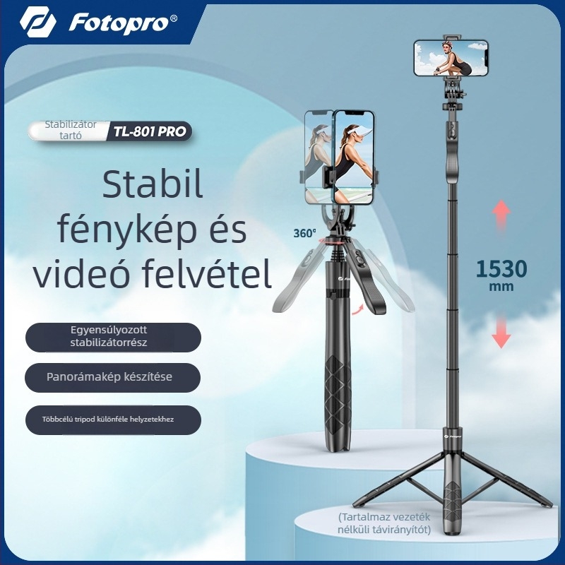 Fotopro TL-801 Pro padlón álló okostelefon-tartóállvány Bluetooth távirányítóval, hordozható, extrahosszú selfie bot