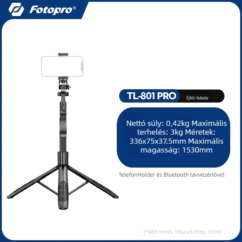 Fotopro TL-801 Pro padlón álló okostelefon-tartóállvány Bluetooth távirányítóval, hordozható, extrahosszú selfie bot