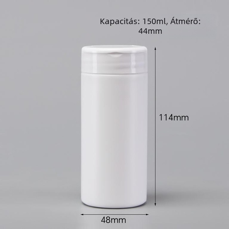 HDPE műanyag tablettás flakon flip-top fedővel, testre szabható, 100–150 ml kapacitás, zárt csomagolás.