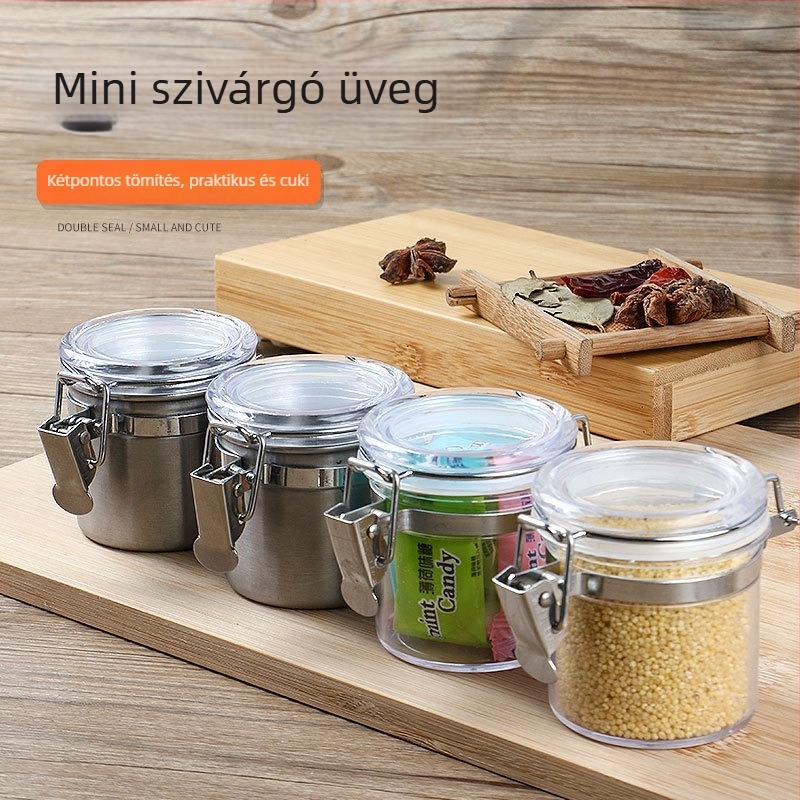 Rozsdamentes acélból készült mini zárható üveg, kör alakú formájú, kapacitás 300 ml alatt, modern minimalist dizájn.