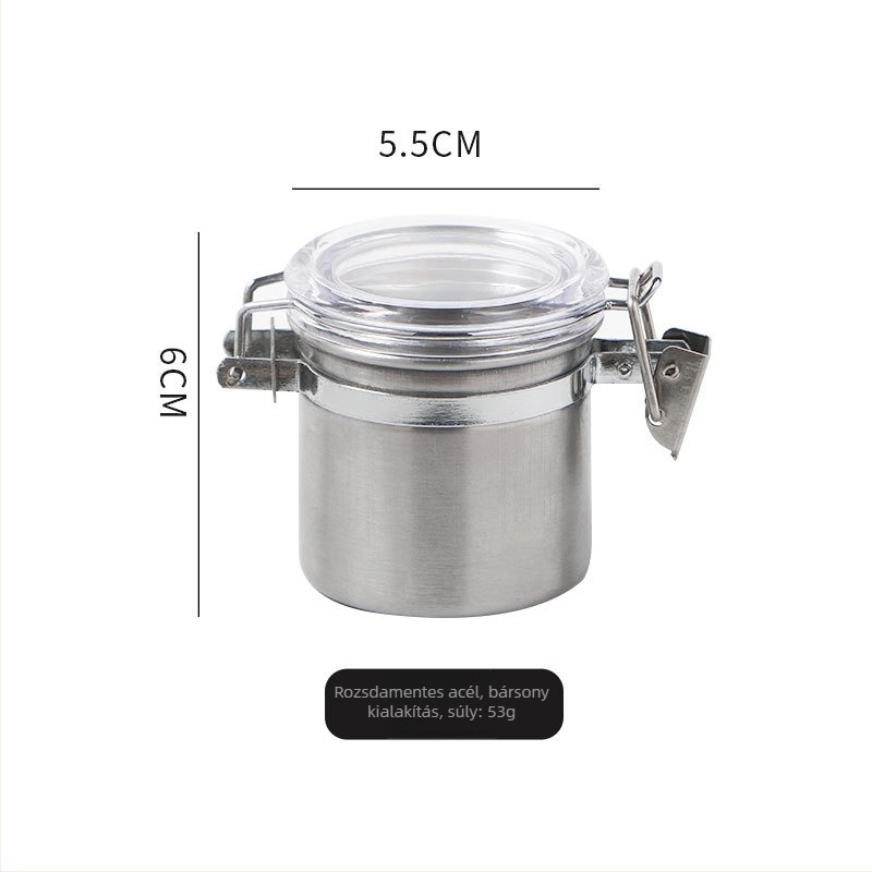 Rozsdamentes acélból készült mini zárható üveg, kör alakú formájú, kapacitás 300 ml alatt, modern minimalist dizájn.