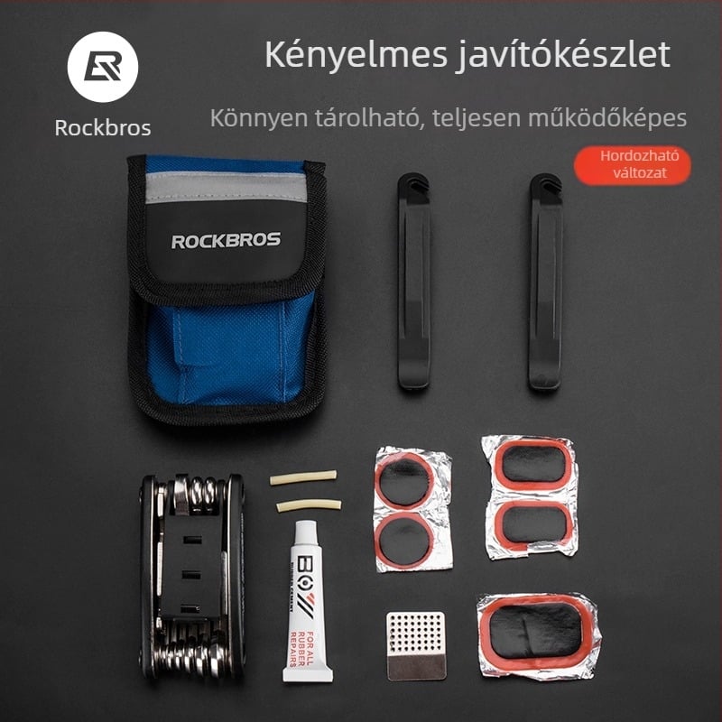 Kerékpárjavító eszközkészlet MTB-hez, pumpával és kulcskészlettel, tartalmaz küllőfeszítő mérőt