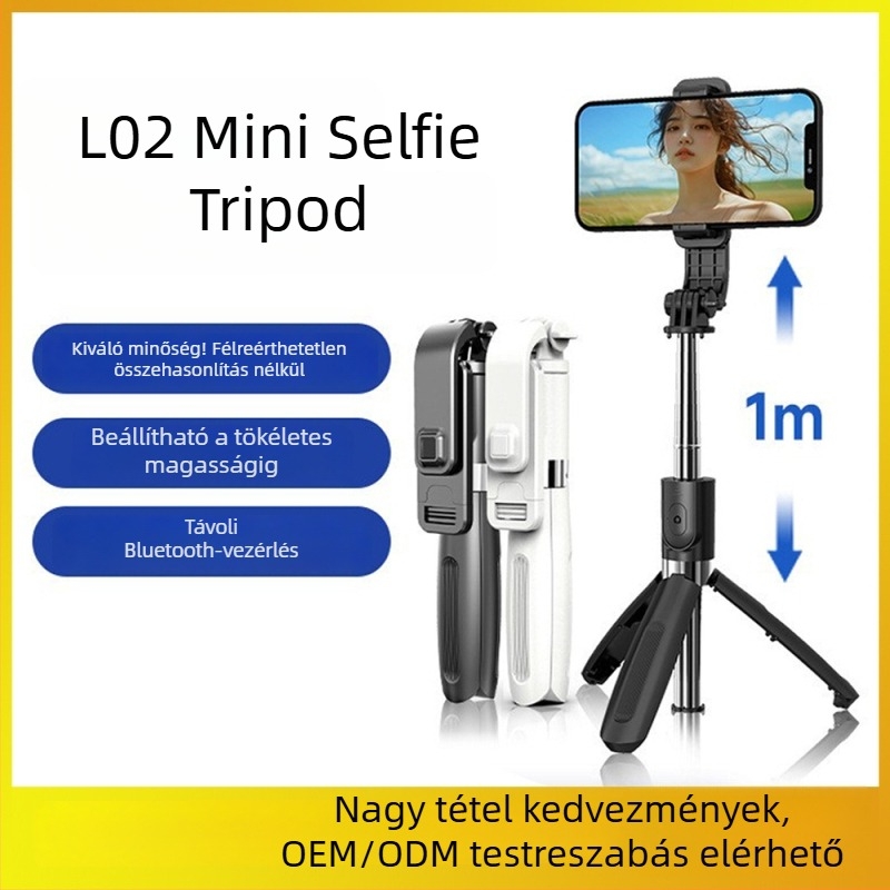 L02 Integrált Bluetooth Selfie Pálca távirányítóval élő közvetítéshez, ötvözetből készült állvány a függőleges fotózáshoz