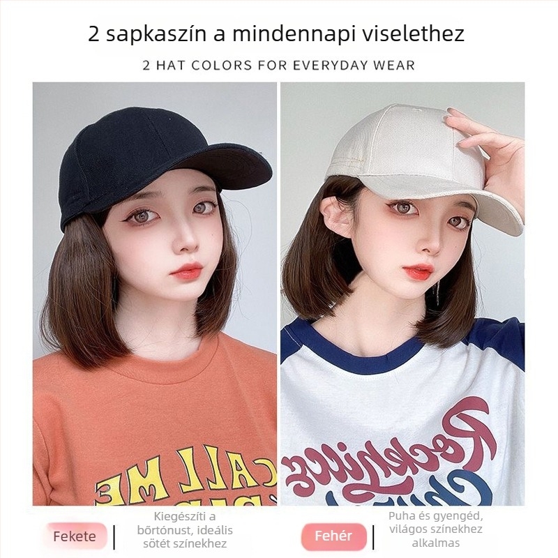 Női integrált paróka baseball sapkában, természetes bob frizura, rövid egyenes haj, nyárra