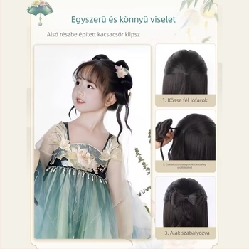 Gyerekeknek szánt Hanfu cosplay paróka, ponytail stílusú, Duckbill klip és díszes masni, modell 7055, magas hőálló huzalból, nem meleg festésű