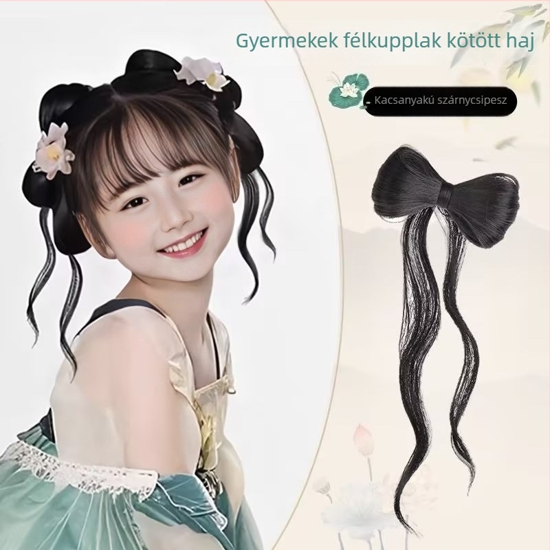 Gyerekeknek szánt Hanfu cosplay paróka, ponytail stílusú, Duckbill klip és díszes masni, modell 7055, magas hőálló huzalból, nem meleg festésű