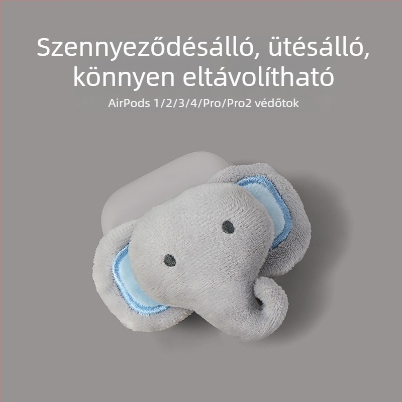 Szilikon plüss elefánt AirPods tok – kézzel készített, rajzfilmszerű stílus, kompatibilis Apple AirPods-szal, testreszabás támogatott