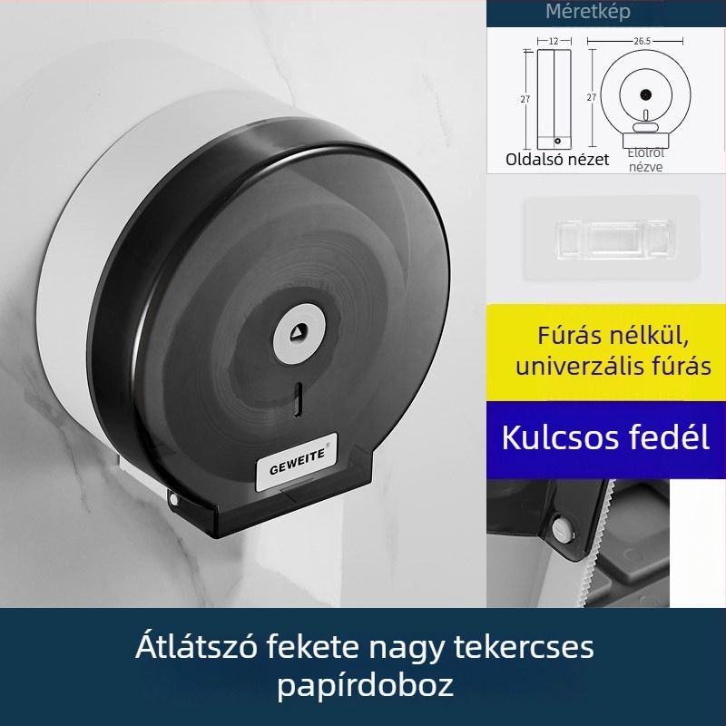 Falihoz szerelt nagy tekercses toalettpapírtartó forgó záras, műanyagból, vízálló