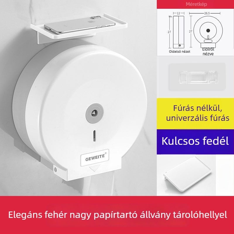 Falihoz szerelt nagy tekercses toalettpapírtartó forgó záras, műanyagból, vízálló