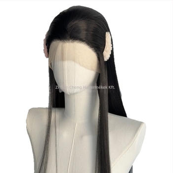 Lace-front paróka, hosszú egyenes haj, hőálló szintetikus rostból, félig kézi horgolással készült, festhető és dauerolható.