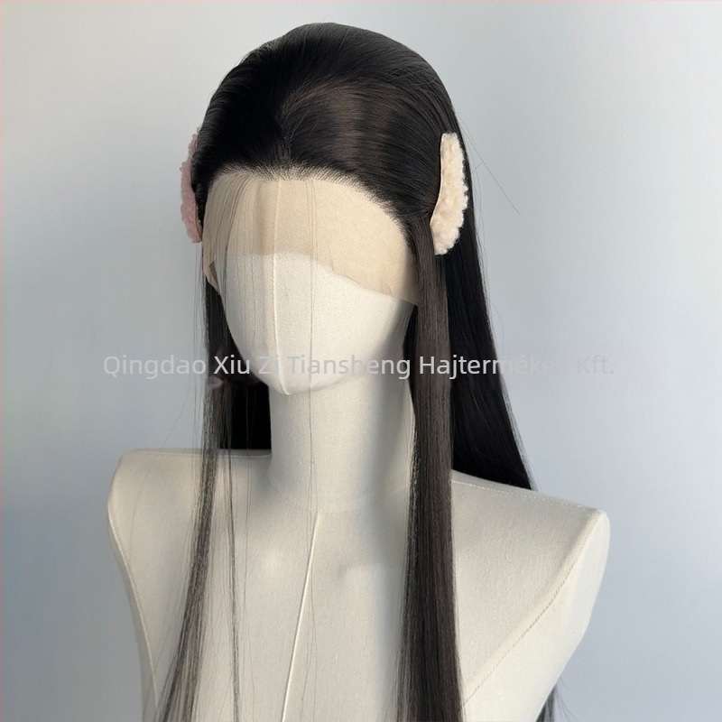 Lace-front paróka, hosszú egyenes haj, hőálló szintetikus rostból, félig kézi horgolással készült, festhető és dauerolható.