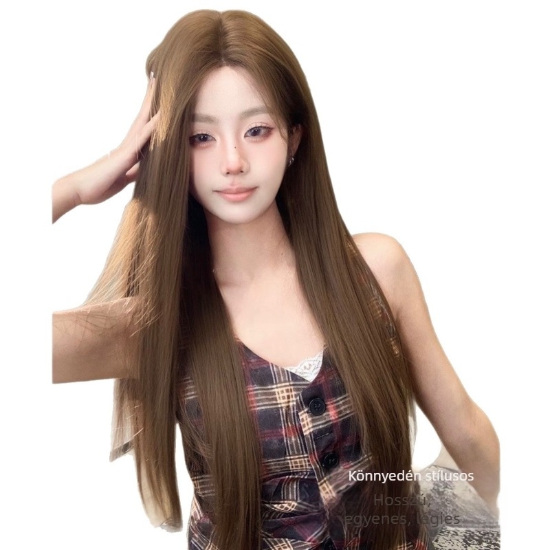 Női paróka koreai stílusban, hosszú, egyenes barna haj, lace front, teljes paróka
