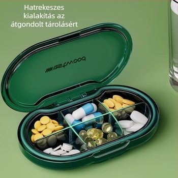 Tablettás doboz, PC műanyag kivitel, nedvességálló zárás, osztott rekeszekkel, kompakt hordozható kialakítás
