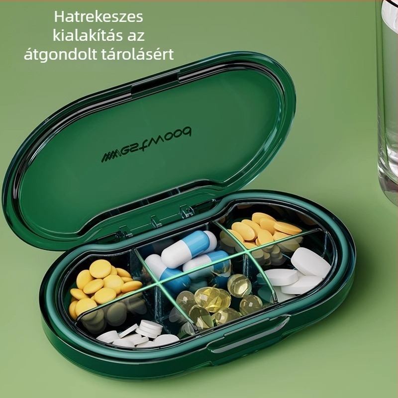 Tablettás doboz, PC műanyag kivitel, nedvességálló zárás, osztott rekeszekkel, kompakt hordozható kialakítás