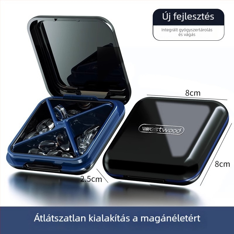 Tablettás doboz, PC műanyag kivitel, nedvességálló zárás, osztott rekeszekkel, kompakt hordozható kialakítás