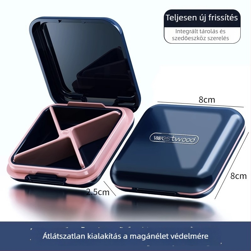 Tablettás doboz, PC műanyag kivitel, nedvességálló zárás, osztott rekeszekkel, kompakt hordozható kialakítás