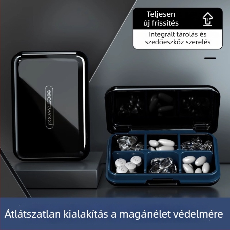 Tablettás doboz, PC műanyag kivitel, nedvességálló zárás, osztott rekeszekkel, kompakt hordozható kialakítás