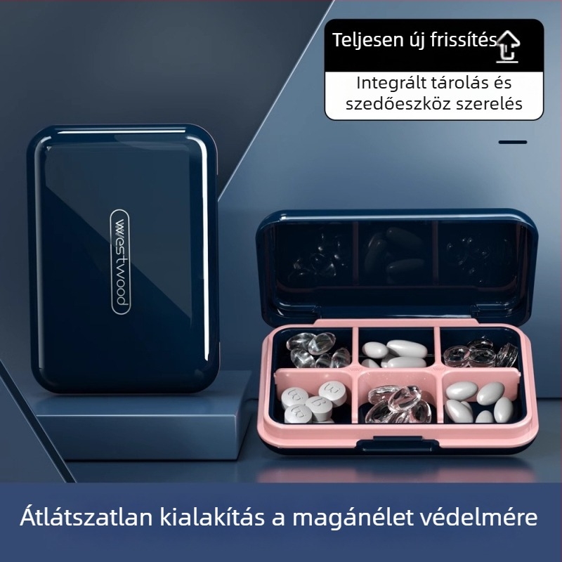 Tablettás doboz, PC műanyag kivitel, nedvességálló zárás, osztott rekeszekkel, kompakt hordozható kialakítás