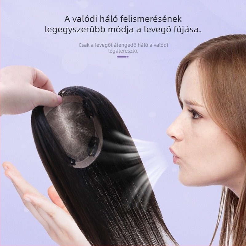 Női számára készült, valódi emberi hajból készült hajdarabka, a fejtetőn lévő fehér haj fedése, könnyű, varrat nélküli, egy darabos, teljesen kézzel készített paróka valódi hajból