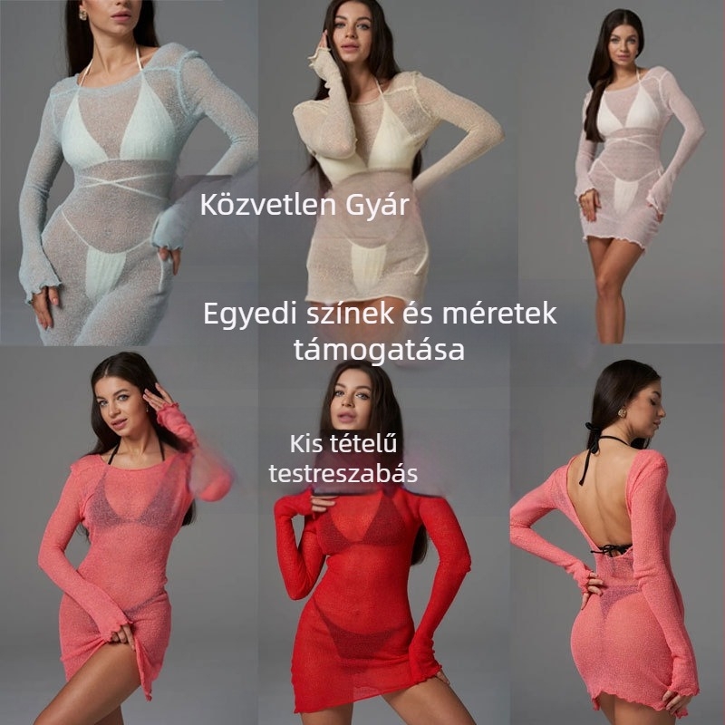 Átlátszó kötött plázai ruha-kiegészítő a strandra, kerek nyakú, hosszú ujjú, laza szabású, rövid A-vonalú fazon