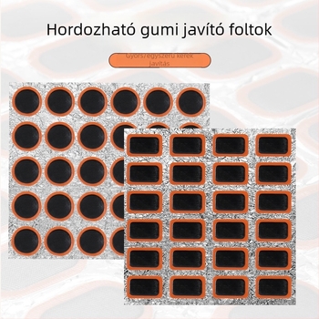 Hegyikerékpár gumijavító készlet – hordozható, gumírozott javítófoltok; anyag: gumi; kategória: gumijavító foltok; import: nem; licencelt magánmárkák: igen