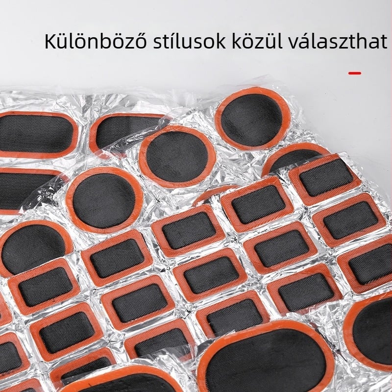 Hegyikerékpár gumijavító készlet – hordozható, gumírozott javítófoltok; anyag: gumi; kategória: gumijavító foltok; import: nem; licencelt magánmárkák: igen
