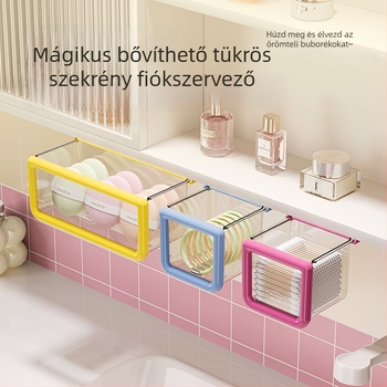 Függő fürdőszobai kozmetikai tároló, helyet biztosítva vattakorongoknak és sminklemosó vattáknak, tükrével és fiókos tárolóval