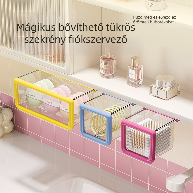 Függő fürdőszobai kozmetikai tároló, helyet biztosítva vattakorongoknak és sminklemosó vattáknak, tükrével és fiókos tárolóval