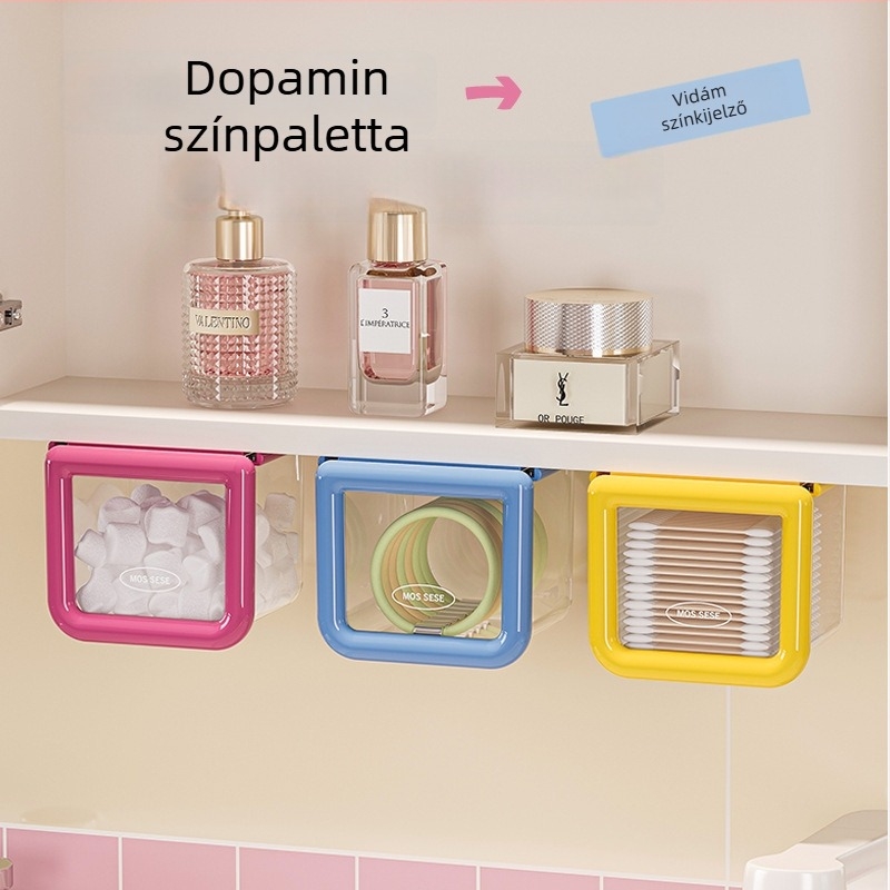 Függő fürdőszobai kozmetikai tároló, helyet biztosítva vattakorongoknak és sminklemosó vattáknak, tükrével és fiókos tárolóval