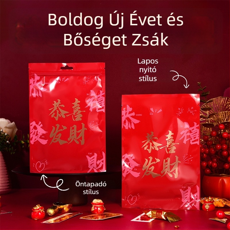 Újévi szerencse rejtett zacskó, önzáró, piros alumíniumfóliás sík tasak ajándékokhoz és nassolnivalókhoz