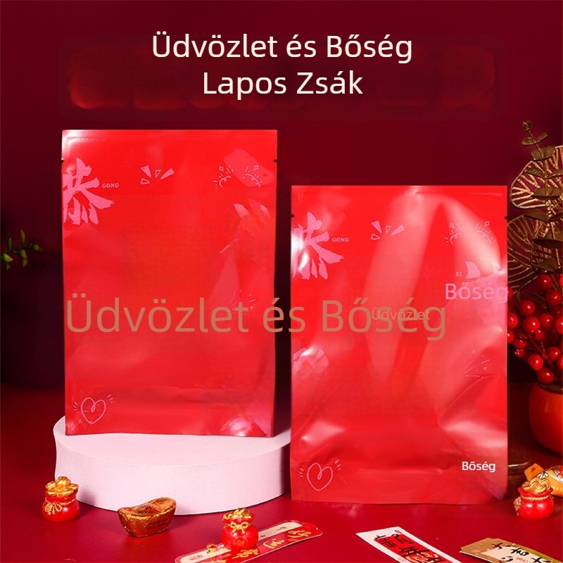 Újévi szerencse rejtett zacskó, önzáró, piros alumíniumfóliás sík tasak ajándékokhoz és nassolnivalókhoz