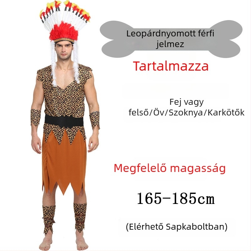 Uniszex leopárd mintás primitív bennszülött jelmez Halloweenre és szerepjátékhoz - poliészter