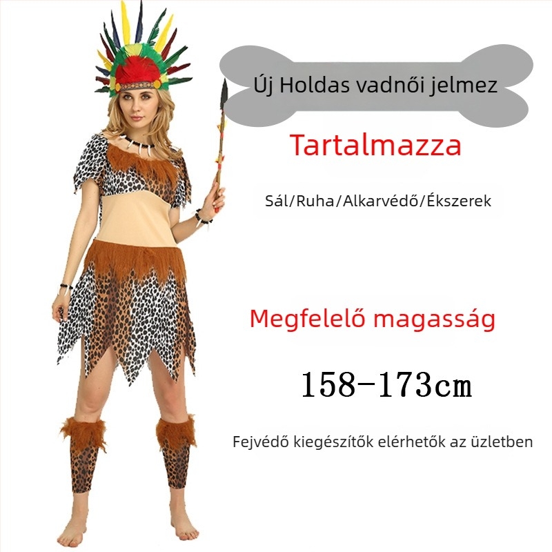 Uniszex leopárd mintás primitív bennszülött jelmez Halloweenre és szerepjátékhoz - poliészter