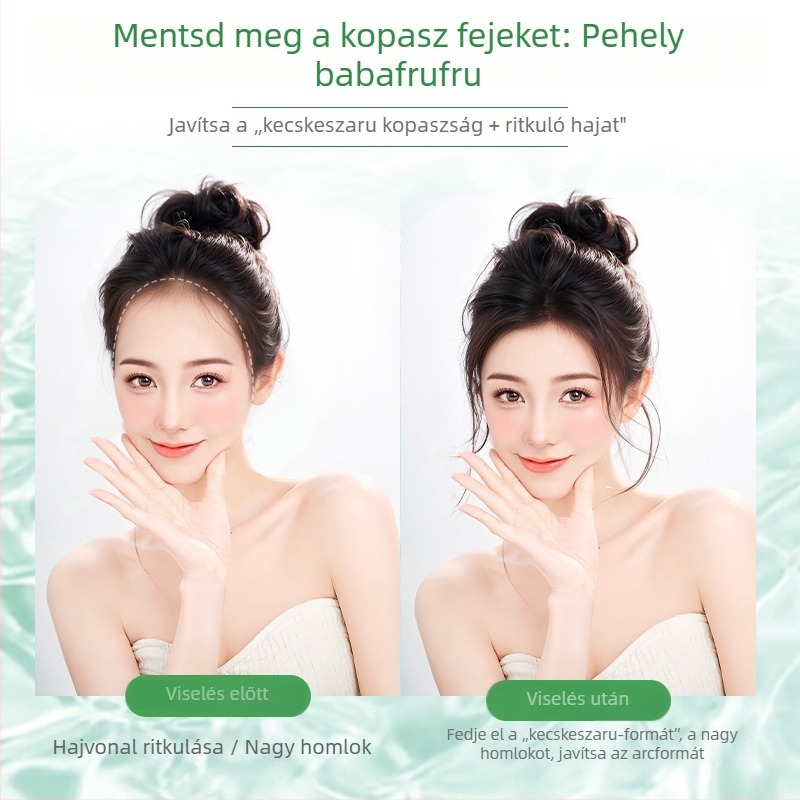 Női paróka valódi emberi hajból, babahajas frufruval, természetes hajvonal a homloknál és a halántékokon, varrat nélküli kinézet, modell 7x11, festhető és permálható