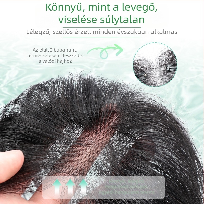 Női paróka valódi emberi hajból, babahajas frufruval, természetes hajvonal a homloknál és a halántékokon, varrat nélküli kinézet, modell 7x11, festhető és permálható