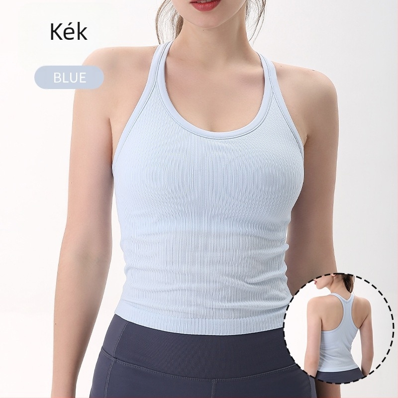 Női jóga topp mellpárnával és Y-hátkialakítással (nedvességelvezető anyag; Nylon-Spandex 90/10; derékig érő hossz; testhez álló)