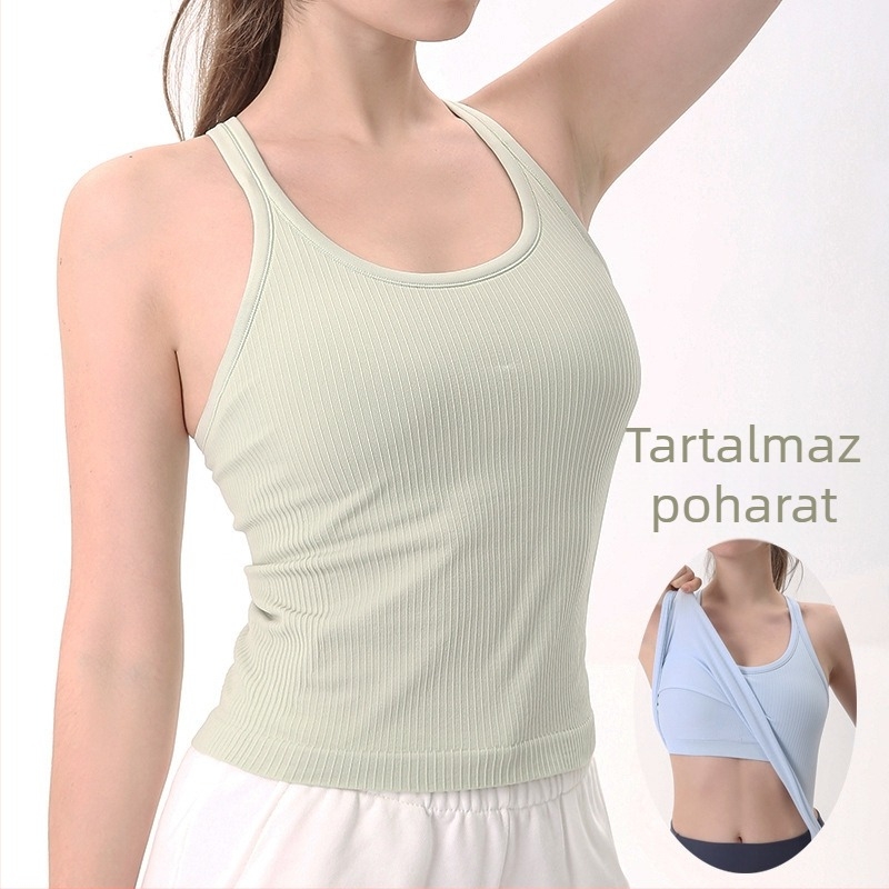 Női jóga topp mellpárnával és Y-hátkialakítással (nedvességelvezető anyag; Nylon-Spandex 90/10; derékig érő hossz; testhez álló)