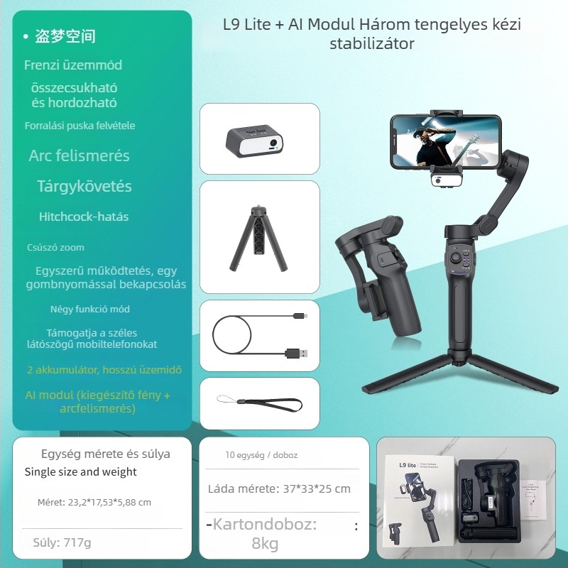 L9Lite AI-modullal ellátott háromtengelyes okostelefon-gimbal stabilizátor arckövetéssel, Bluetooth