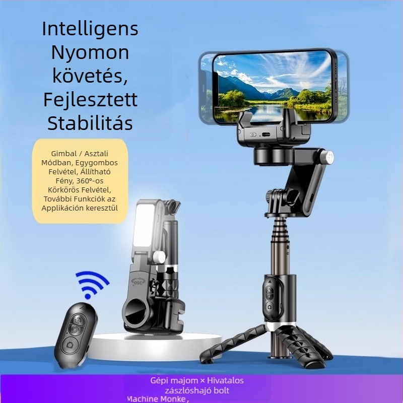 Machine Monkey mobiltelefon stabilizátor – 3-tengelyes gimbal, arc követés, kézi tartó élő adásra, beépített világítás, modell Q18, ABS + alumínium ötvözet, Bluetooth, távirányító