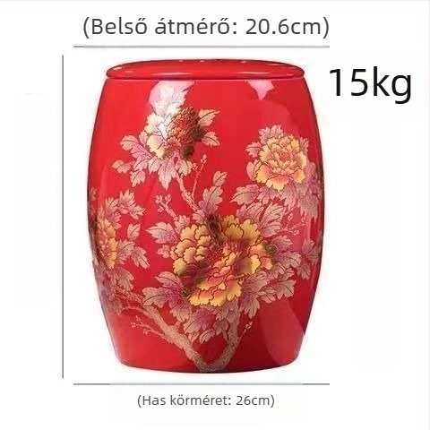 Kerámia rizstároló edény fedővel, zárt, 10–20 kg kapacitás, nedvességálló és rovarálló