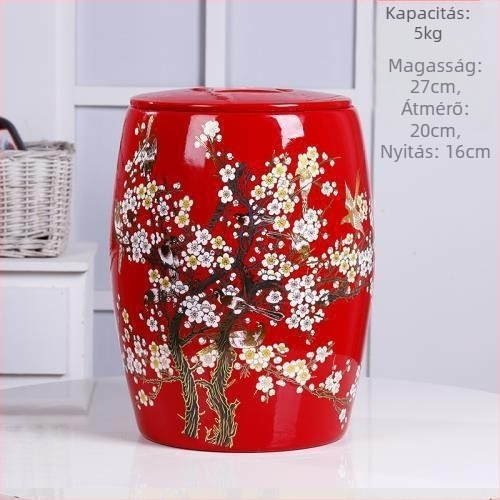 Kerámia rizstároló edény fedővel, zárt, 10–20 kg kapacitás, nedvességálló és rovarálló