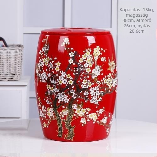 Kerámia rizstároló edény fedővel, zárt, 10–20 kg kapacitás, nedvességálló és rovarálló