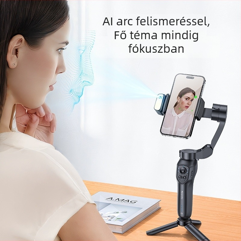 Okostelefonhoz készült háromtengelyes összecsukható stabilizátor élő közvetítéshez, hordozható, AI arckövetés, távirányító